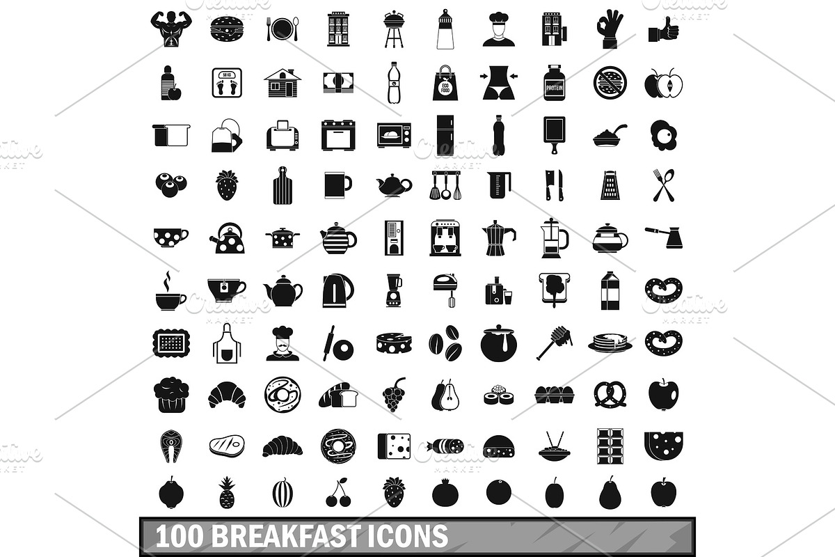 100 breakfast icons set in simple in Illustrations - product preview 8