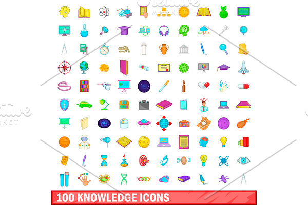 100 knowledge icons set, cartoon