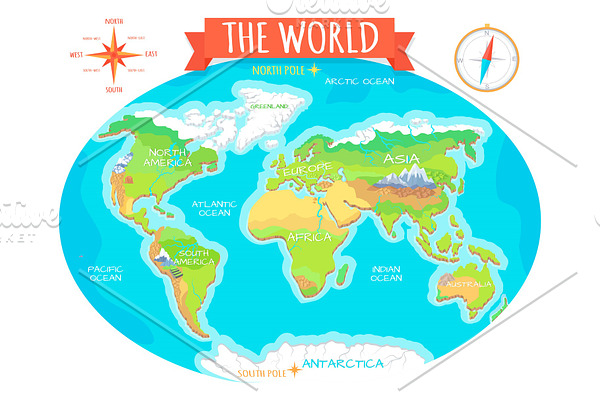 Continents, Oceans on Map of World