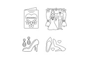 Wedding planning linear icons set