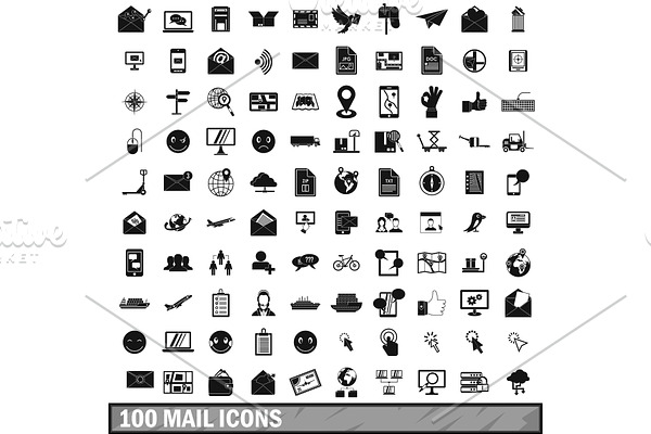 100 mail icons set in simple style