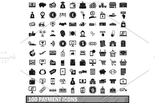 100 payment icons set in simple