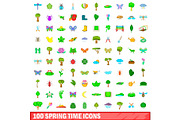 100 spring time icons set, cartoon