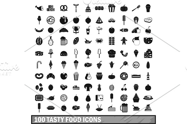 100 tasty food icons set in simple