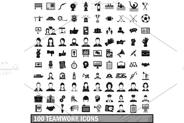 100 team work icons set in simple