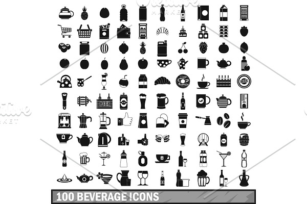 100 beverage icons set in simple