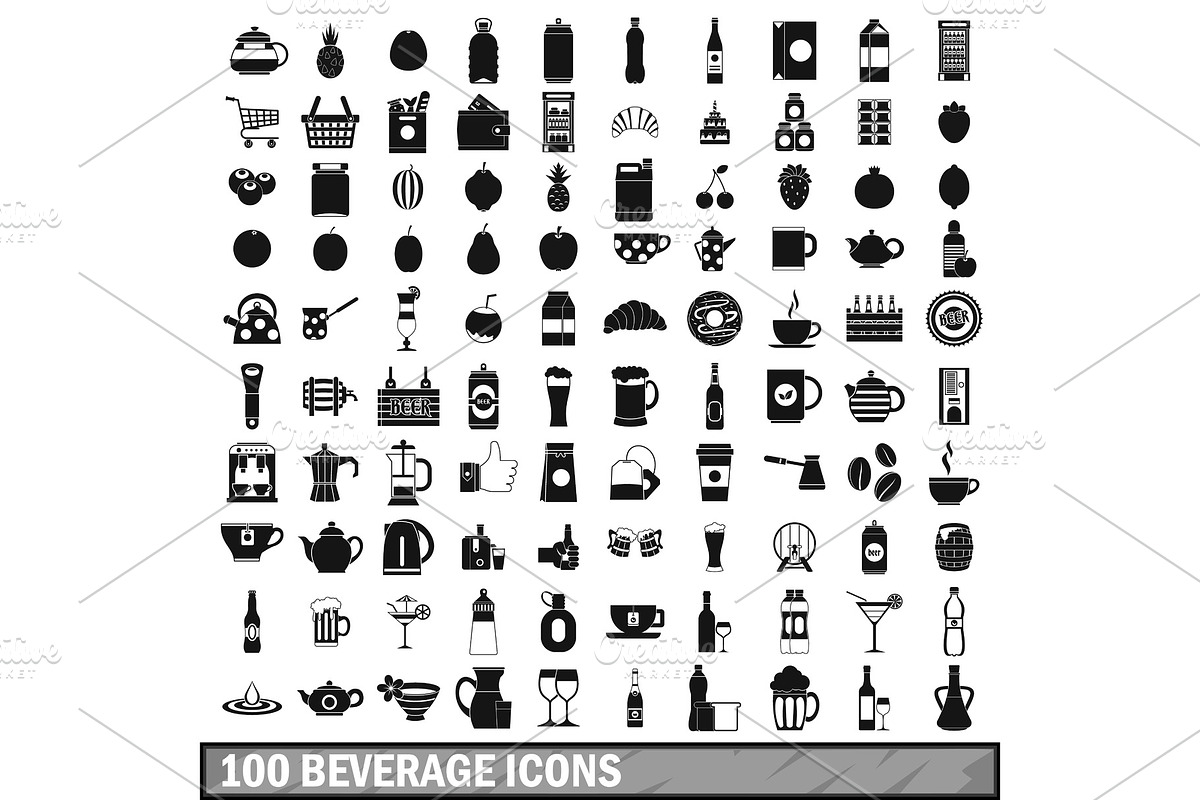 100 beverage icons set in simple in Illustrations - product preview 8