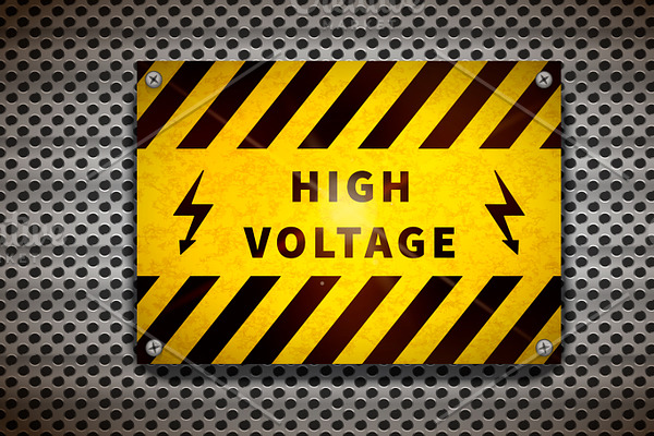 High voltage sign on metallic grid