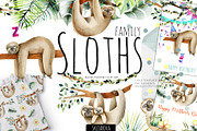 Sloth family. Watercolor clipart.