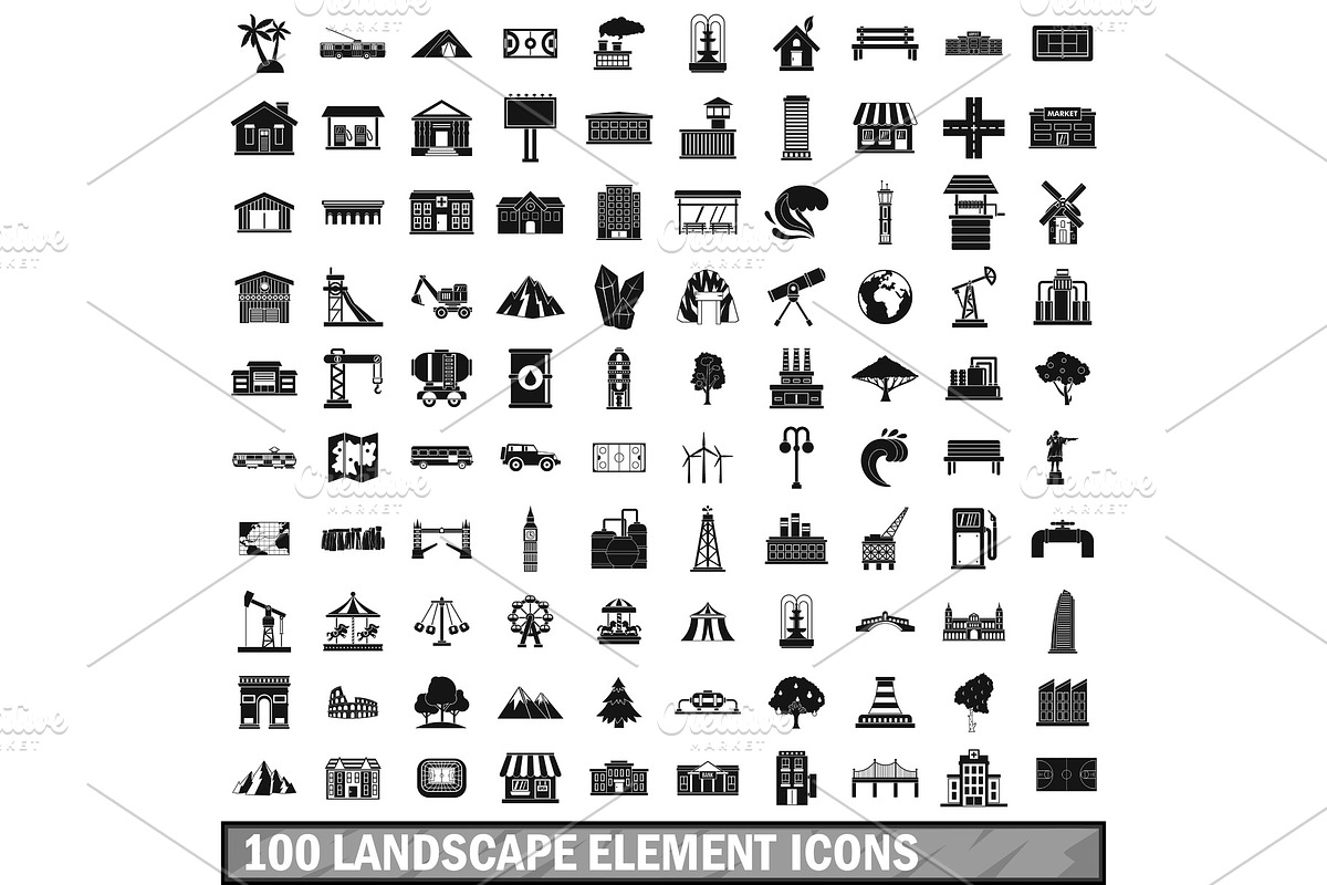 100 landscape element icons set in in Illustrations - product preview 8