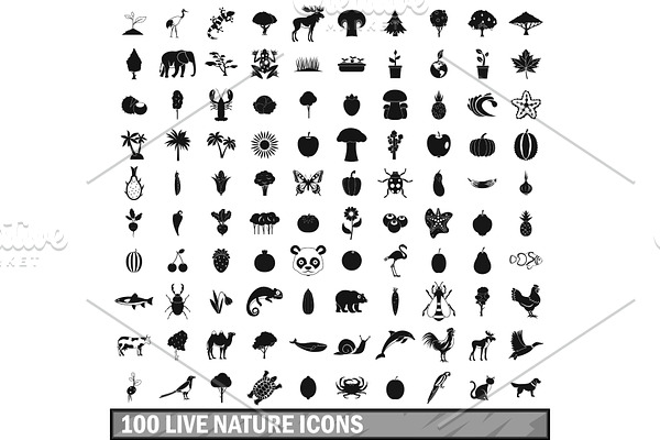 100 live nature icons set in simple