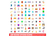 100 music studio icons set, cartoon