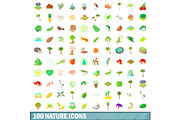 100 nature icons set, cartoon style