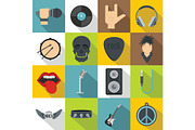 Rock music icons set, flat style