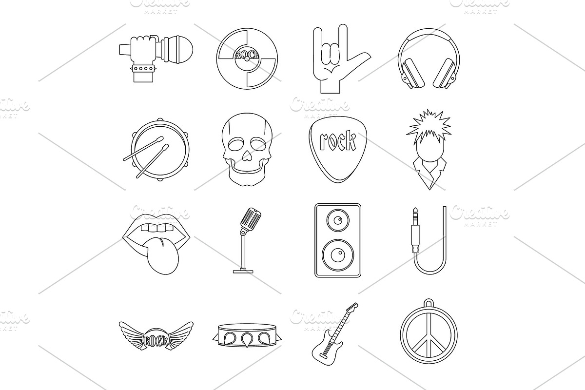 Rock music icons set, outline style in Illustrations - product preview 8