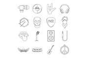 Rock music icons set, outline style