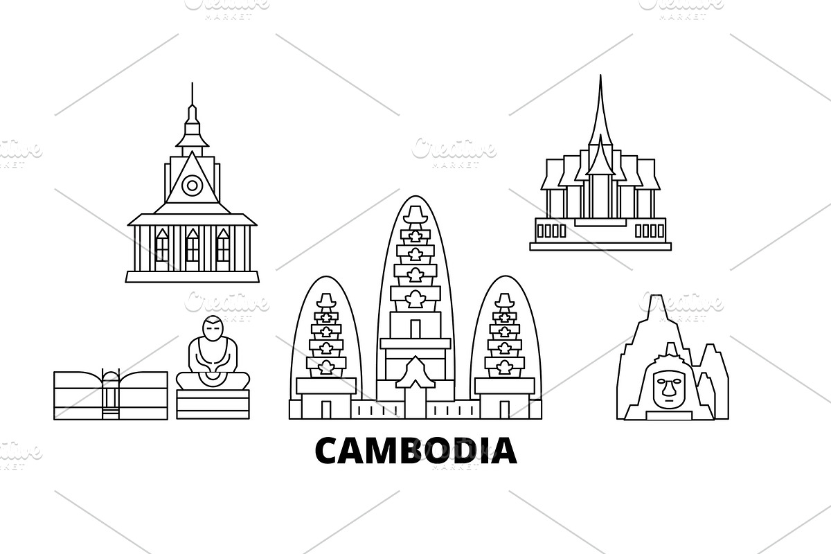 Cambodia line travel skyline set in Illustrations - product preview 8
