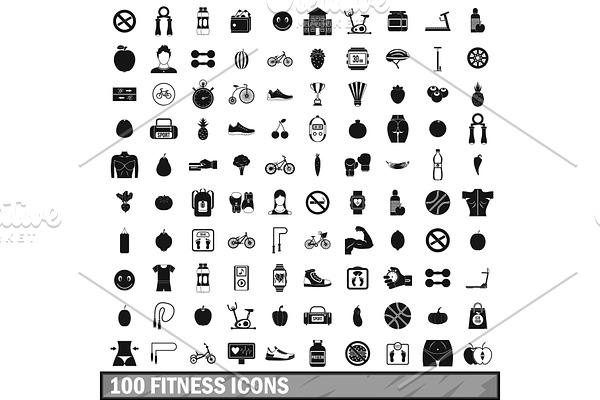 100 fitness icons set in simple
