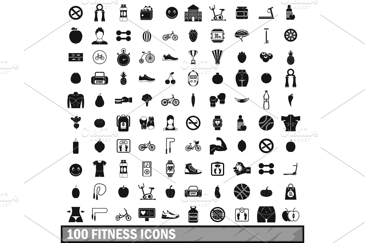 100 fitness icons set in simple in Illustrations - product preview 8