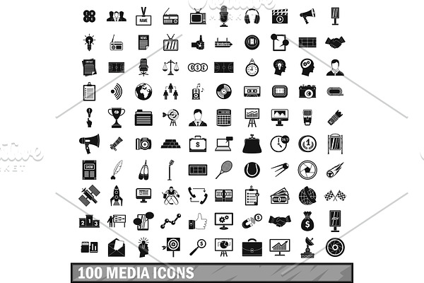 100 media icons set in simple style