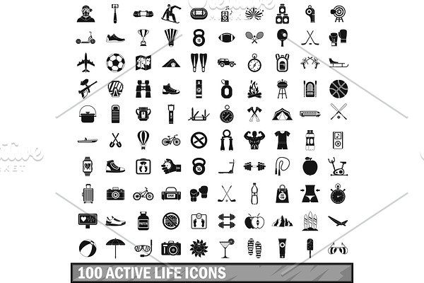 100 active life icons set in simple