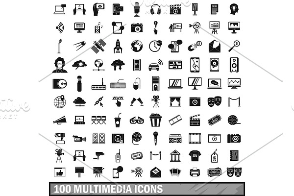 100 multimedia icons set in simple