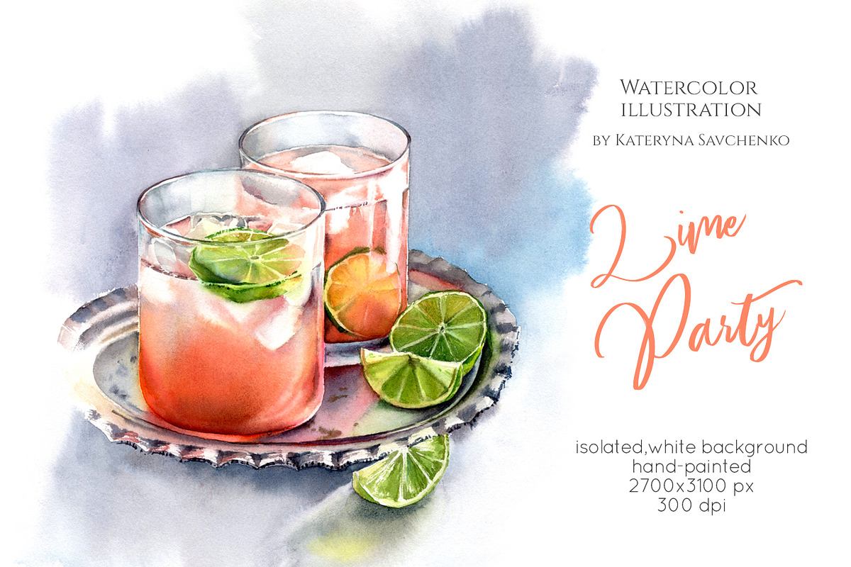 Lime Drink. Watercolor food in Illustrations - product preview 8