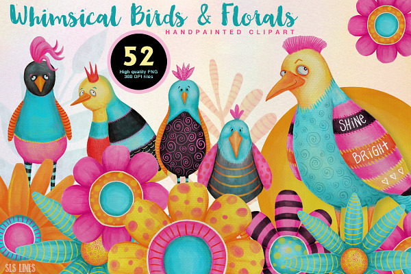 Colorful Whimsical Birds & Flowers