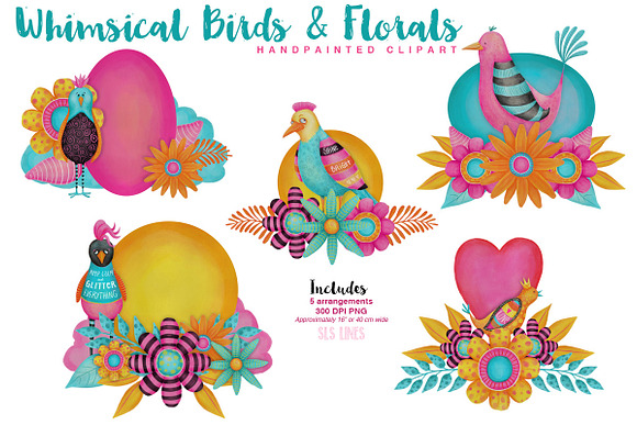 Colorful Whimsical Birds & Flowers in Illustrations - product preview 1