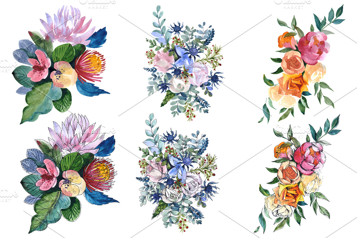 Bouquets wildflowers, Roses,leaves in Illustrations - product preview 8