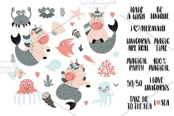 Mermaid-unicorn clipart and patterns in Illustrations - product preview 1