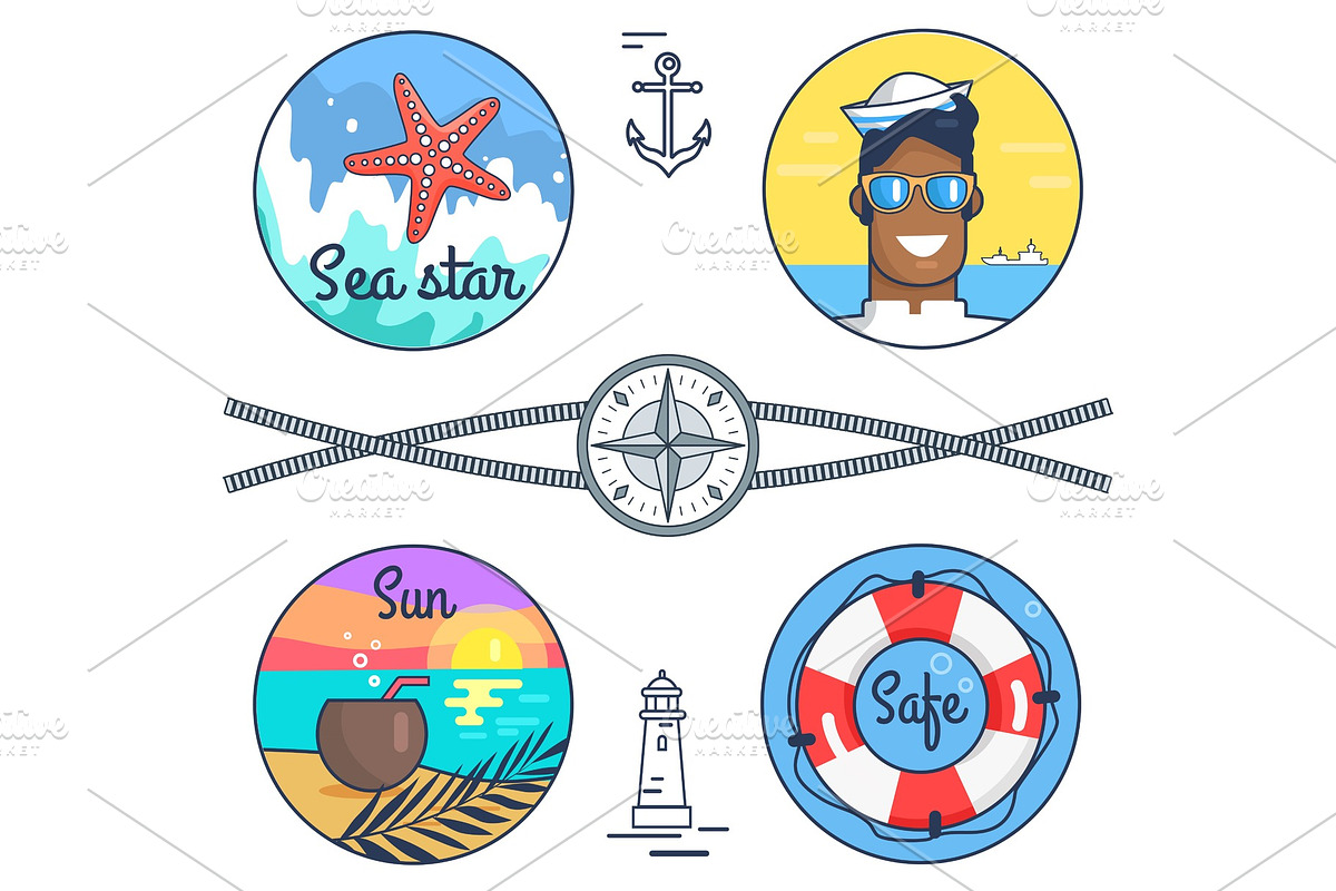 Sea Star, Sun and Safe Set Vector in Illustrations - product preview 8