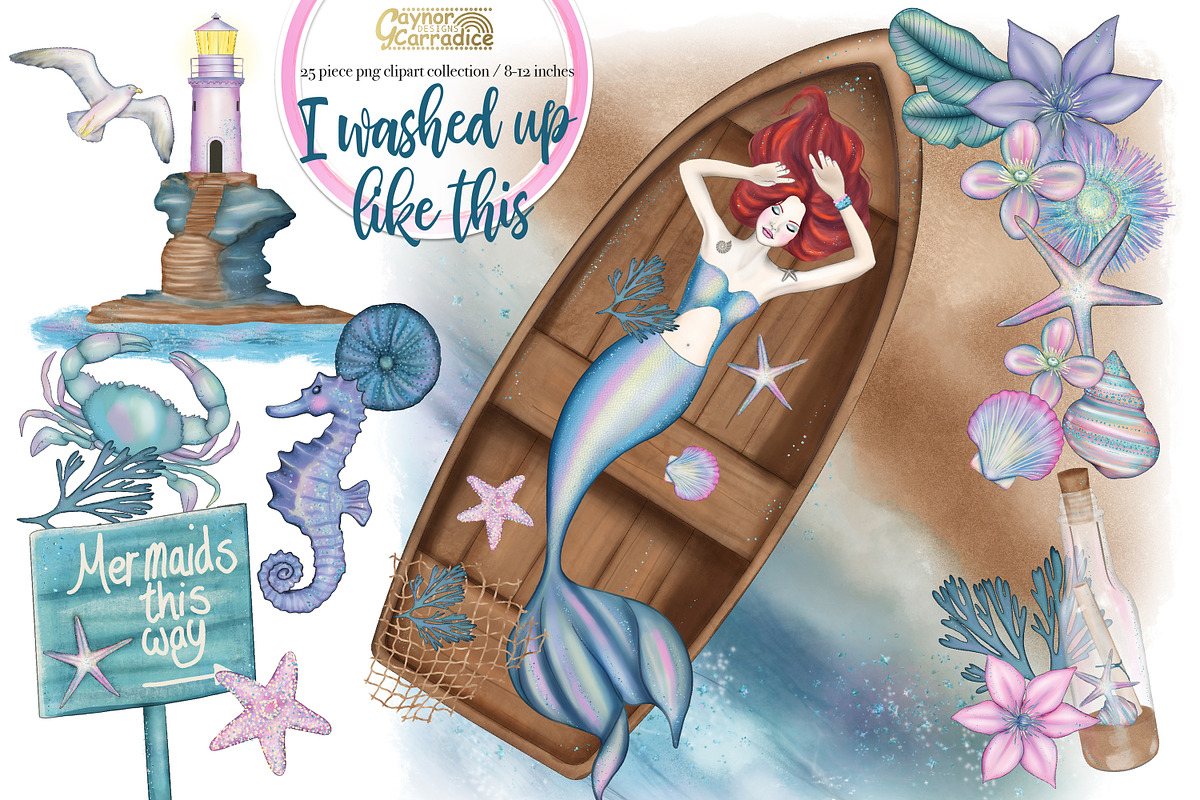 Mermaid clipart collection in Illustrations - product preview 8