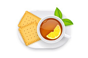 Tea cup and biscuit on plate. Vector