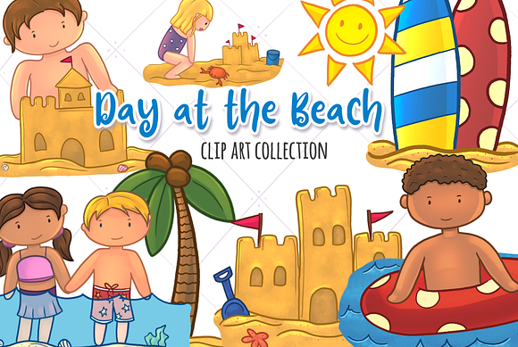 Cute Kids At The Beach Clip Art in Illustrations - product preview 2