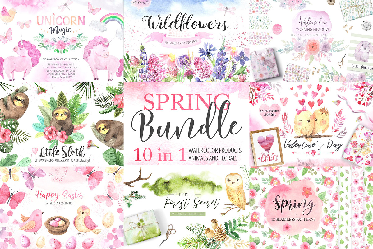Watercolor Spring BUNDLE 10 in 1 in Graphics - product preview 8