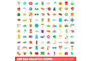 100 sea vacation icons set, cartoon