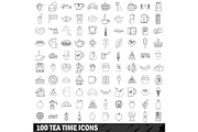 100 tea time icons set, outline