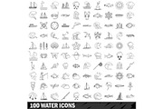 100 water icons set, outline style