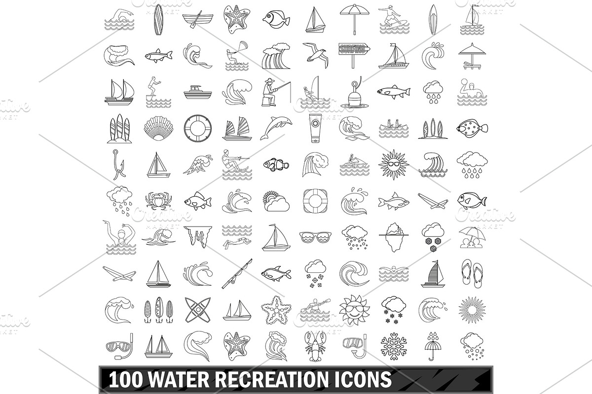 100 water recreation icons set in Illustrations - product preview 8