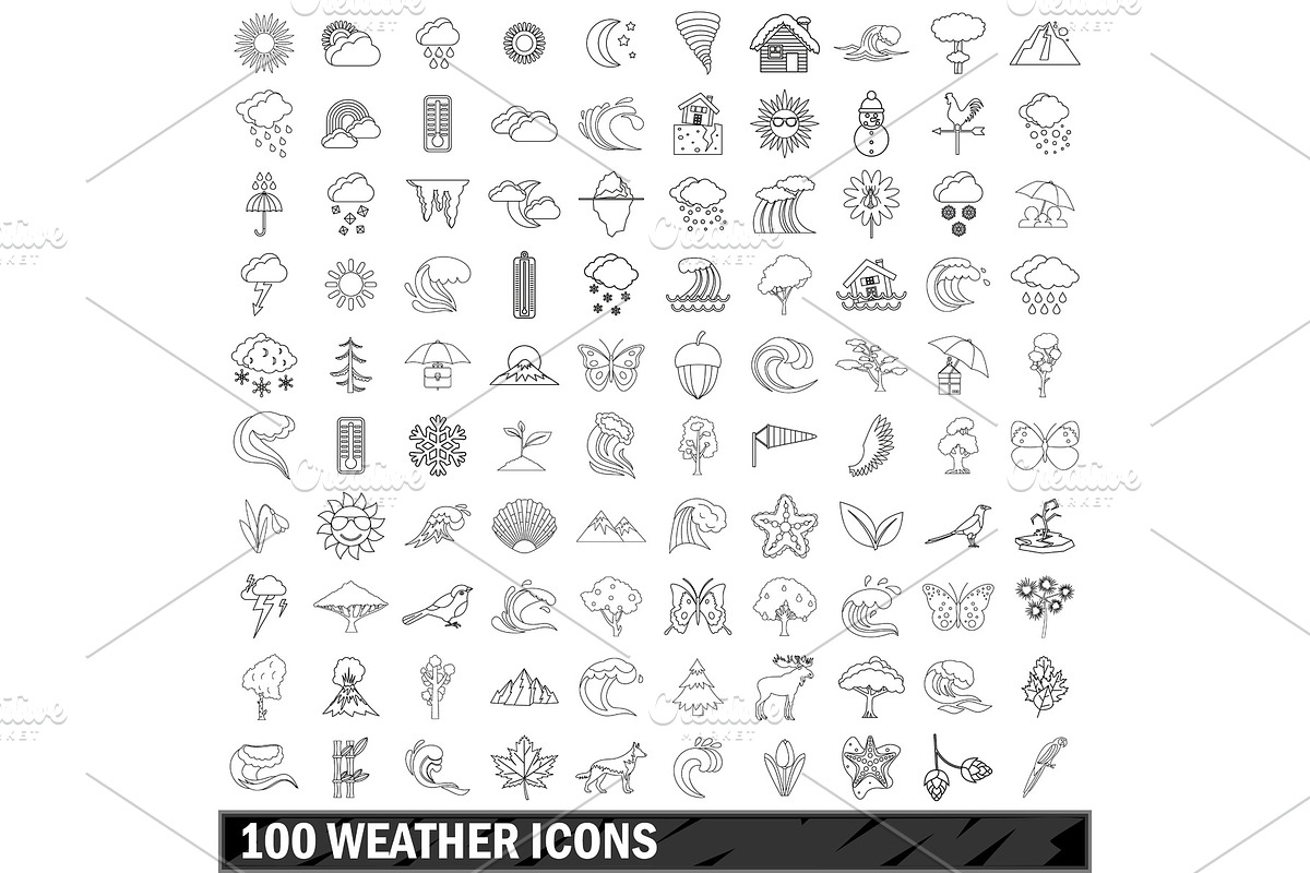 100 weather icons set, outline style in Illustrations - product preview 8