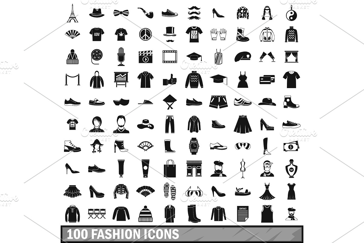 100 fashion icons set in simple in Illustrations - product preview 8