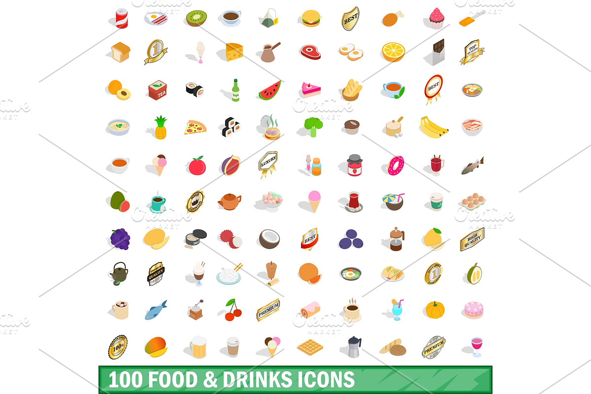 100 food and drinks icons set in Illustrations - product preview 8