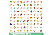 100 supermarket icons set, isometric