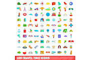 100 travel time icons set, cartoon