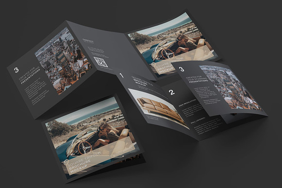 Square Trifold Brochure Mockups in Print Mockups - product preview 12