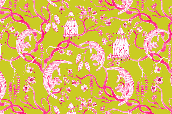 Chinoiserie Tiger Blossom - Seamless in Patterns - product preview 2