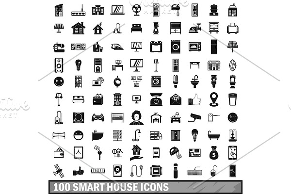 100 smart house icons set in simple