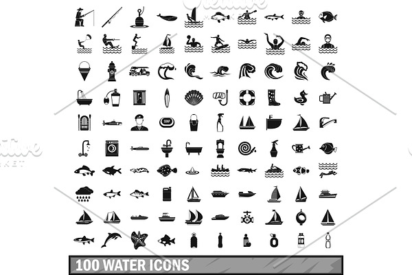 100 water icons set in simple style