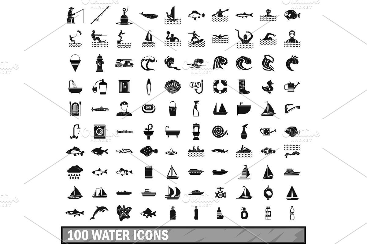 100 water icons set in simple style in Illustrations - product preview 8